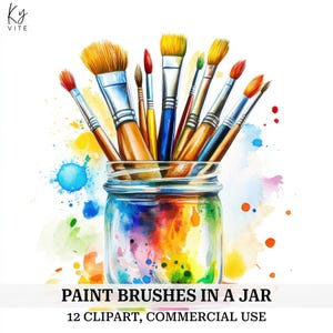 12 pinceaux colorés dans un bocal des cliparts, outils artistiques, clipart aquarelle imprimable, créations en papier, album, journal, téléchargement numérique, CU