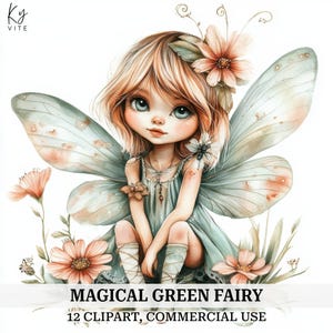 12 Clipart fée verte magique, fée mignonne, clipart aquarelle imprimable, créations en papier, scrapbooking, journal, haute qualité, téléchargement numérique