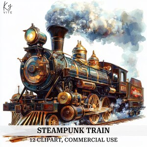 12 imágenes prediseñadas de trenes steampunk, trenes antiguos, imágenes prediseñadas de acuarela imprimibles, manualidades de papel, álbumes de recortes, diarios, alta calidad, descarga digital, CU