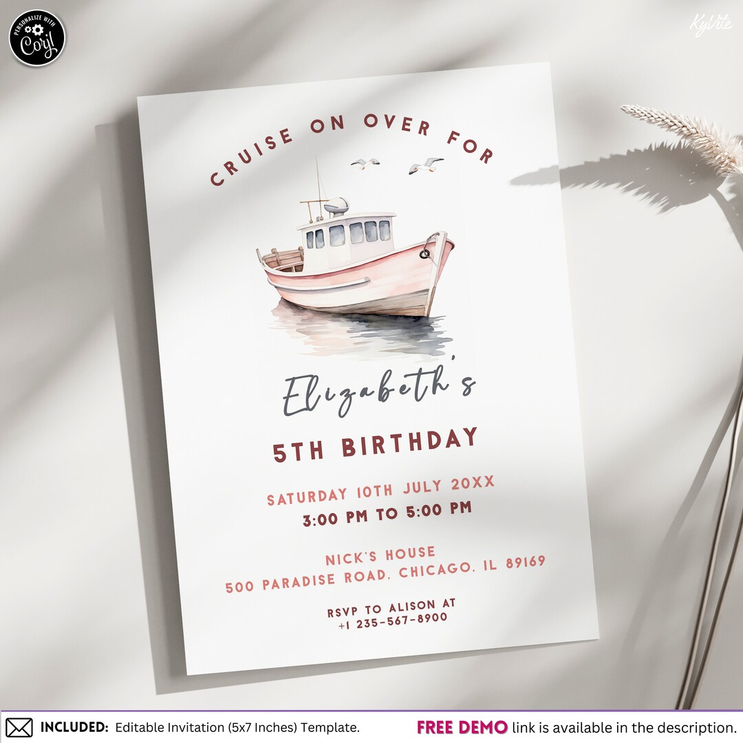 Editable Pink Boat Birthday Invite, Any Age Marine Invitation Template