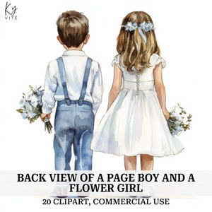20-seitiger Junge und Blumenmädchen Clipart, Ansicht von hinten, Hochzeit, druckbare Aquarellfarbe, Papierkunst, digitaler Download, transparentes PNG