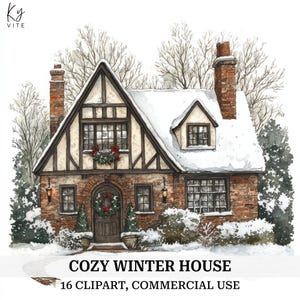16 Clipart de casa de inverno aconchegante, casa de inverno, clipart de aquarela para impressão, artesanato em papel, álbuns de recortes, diários, alta qualidade, download digital