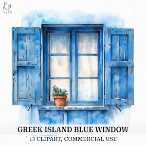Île grecque Santorin Clipart, fenêtre bleue, clipart aquarelle imprimable, créations en papier, journal de scrapbooking, haute qualité, téléchargement numérique