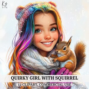 12 Clipart fille décalée avec écureuil – PNG aquarelle mignon d'écureuil pour la fabrication de cartes, l'artisanat et le téléchargement numérique