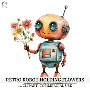 12 Retro Roboter hält eine Blume Clipart, Vintage Roboter, druckbare Aquarellfarbe, Papierkunst, Journal, hohe Qualität, digitaler Download, CU
