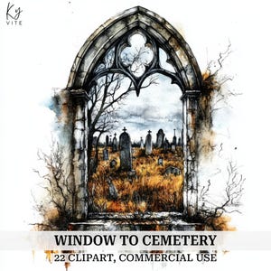 22 Vista de ventana de un cementerio abandonado, ventana de cementerio, clipart de acuarela imprimible, manualidad de papel, alta calidad, descarga digital