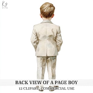 Puede incluir: Ilustración en acuarela de un niño pequeño con un traje beige claro, visto por la espalda. El niño tiene el pelo castaño claro y lleva una chaqueta y un pantalón a juego. El texto en la parte inferior dice "BACK VIEW OF A PAGE BOY" y "12 CLIPART, COMMERCIAL USE."
