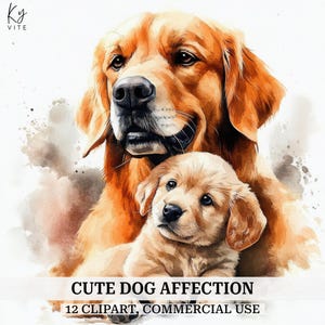 12 schattige hond genegenheid clipart, moeder hond en puppy, afdrukbare aquarel clipart, Paper Craft, plakboek, hoge kwaliteit, digitale download