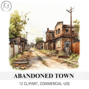 12 imágenes prediseñadas de ciudad abandonada, ciudad vieja vacía, imágenes prediseñadas de acuarela imprimibles, manualidades de papel, álbumes de recortes, diarios, alta calidad, descarga digital