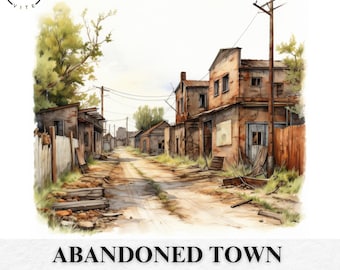 12 Abandoned Town Clipart, Old Empty Town, Printable Watercolor Clipart, Paper Craft, Scrapbook, Journal, High Quality, Digital Download