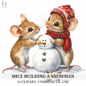 12 Clipart di topi in stile invernale, topi che costruiscono un pupazzo di neve, lavoretti di Natale, clipart di acquerelli stampabili, creazione di biglietti, download digitale, CU
