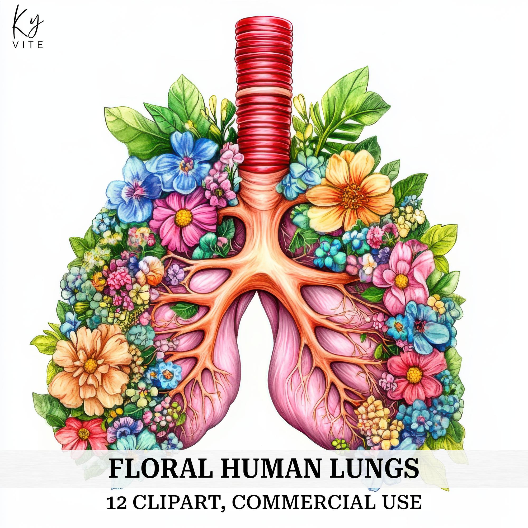 12 Floral Human Lungs Clipart, Botanical Lung, Printable Watercolor Clipart, Paper Craft, Scrapbook, Journal, High Quality, Digital Download