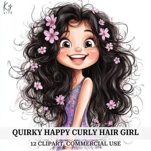 12 Curly Hair Girl Clipart, Messy Hair Girl, Printable Watercolor Clipart, Paper Craft, Scrapbook, Journal, High Quality, Digital Download