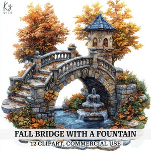 12 Puente de otoño con fuente Clipart, Puente de otoño con fuente, Clipart de acuarela imprimible, Manualidad de papel, Alta calidad, Descarga digital