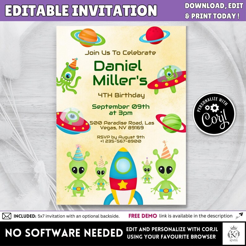 Editable Aliens UFO Birthday Invitation 3rd 4th 5th Spaceship Birthday ...