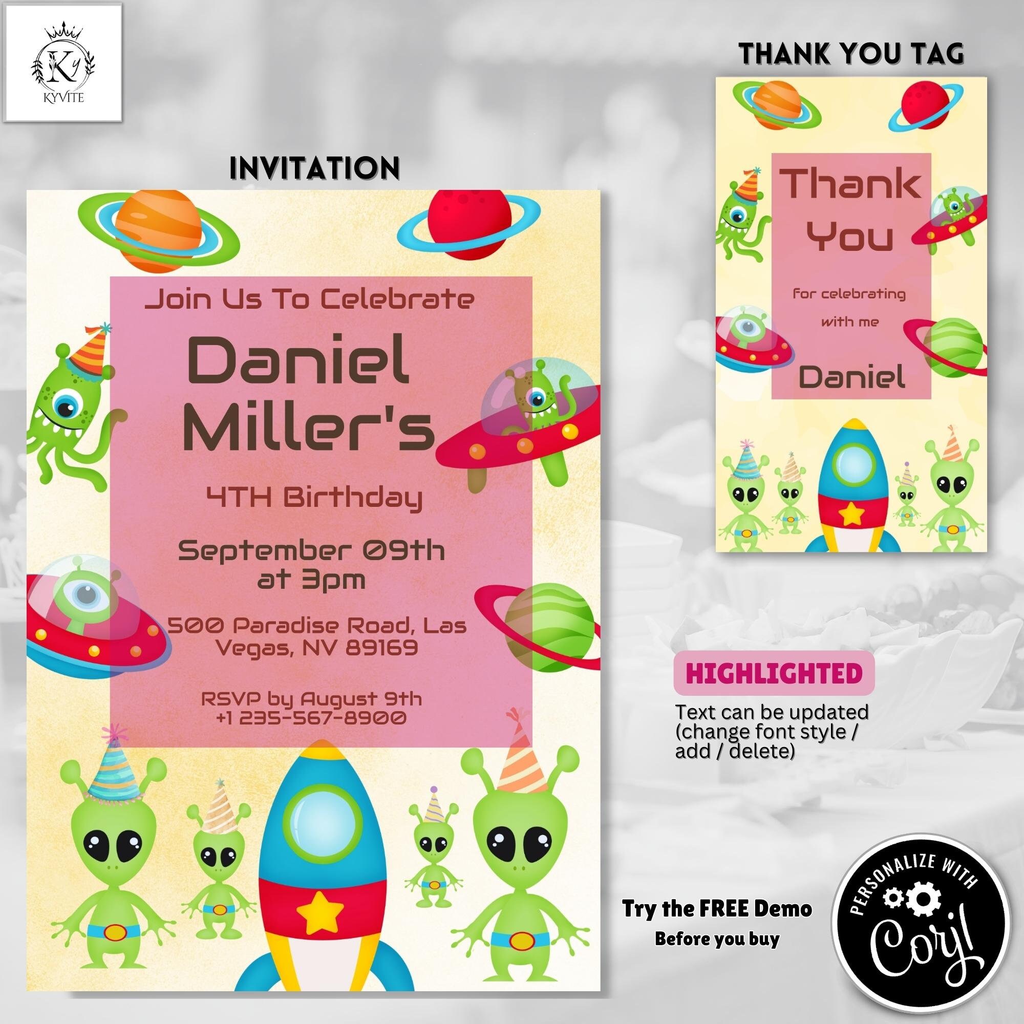 Editable Aliens UFO Birthday Invitation 3rd 4th 5th Spaceship - Etsy ...
