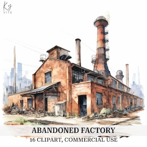 16 verlassene Fabrik Clipart, alte Fabriken, druckbare Aquarell Clipart, Papiermodelle, Scrapbook, Journal, hohe Qualität, digitaler Download