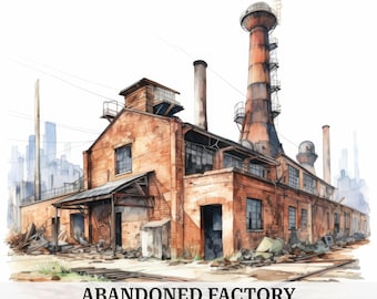 16 Abandoned Factory Clipart, Old Factories, Printable Watercolor Clipart, Paper Craft, Scrapbook, Journal, High Quality, Digital Download