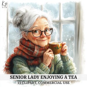 12 senior dame die een thee drinkt clipart, eigenzinnige oude dame, afdrukbare aquarel clipart, papercraft, kaarten maken, hoogwaardige digitale download