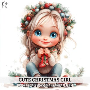 14 schattige kerstmeisje clipart, eigenzinnige kerstmeisje, Paper Craft afdrukbare aquarel clipart, kaarten maken, hoge kwaliteit, digitale download