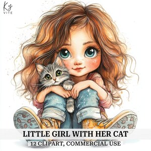 12 klein meisje met haar kat clipart, eigenzinnig meisje en kat, Paper Craft, afdrukbare aquarel clipart, kaarten maken, digitale download