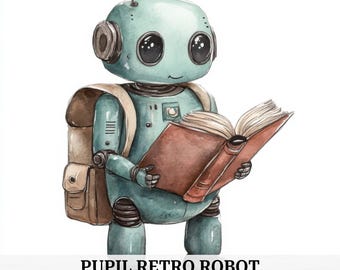 Retro Robot Clipart: Watercolor Student with Book (Digital Download)