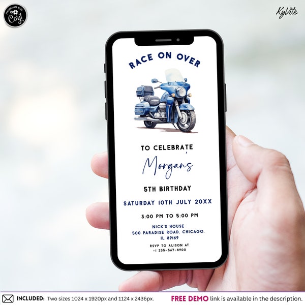 Editable Blue Motorbike Birthday Phone Invite Race on Over Motorcycle Party DIY Template, Any Age Mobile Invitation Instant Download, MB1