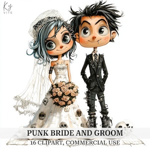 16 sposi punk eccentrici, coppia di sposi punk, clipart acquerello stampabile, creazione di biglietti, artigianato di carta, alta qualità, download digitale