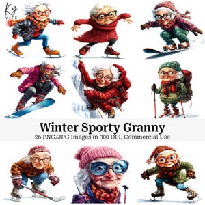 26 Engraçado Velha Senhora Jogando Esportes de Inverno Clipart, Esportivo Peculiar Velha Senhora, Clipart de Aquarela para Imprimir, Alta Qualidade, Download Digital, CU