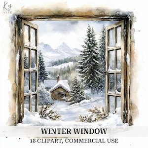 18 clipart de paisagem de janela de inverno, cena de janela com neve, janela fosca, clipart de aquarela para impressão, alta qualidade, download digital