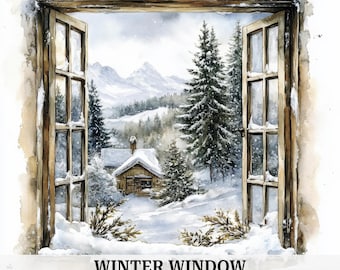 18 Winter Window Landscape View Clipart, Snowy Window Scene, Frosted Window, Printable Watercolor Clipart, High Quality, Digital Download