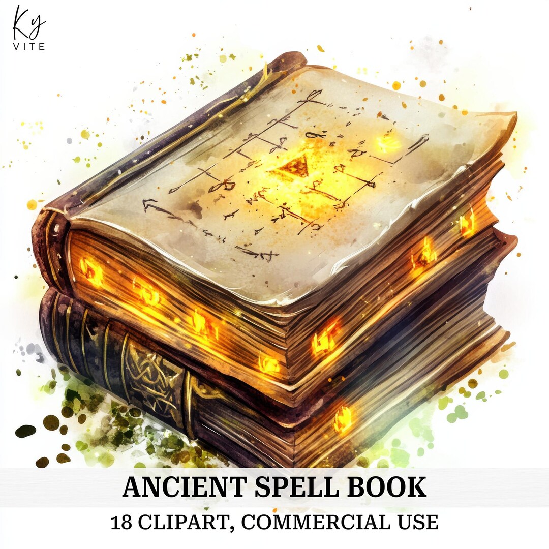 Spell Styl Ancient Spell Book Clipart: Glowing Runes, Watercolor Style (digital ...