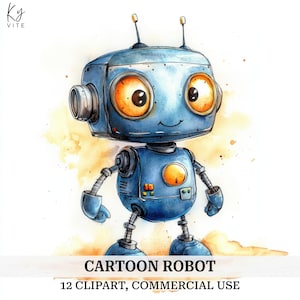 12 Cute Cartoon Robot Clipart, Little Robots, Printable Watercolor Clipart, Paper Craft, Scrapbook, Journal, High Quality, Digital Download