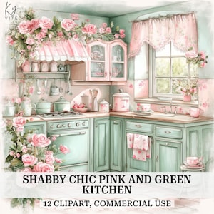 12 Clipart di cucina shabby chic rosa e verde, cucina vintage, clipart di acquerello stampabile, artigianato di carta, diario di scrapbooking, download digitale