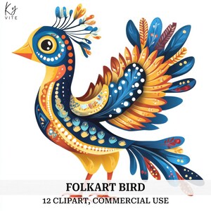 12 Clipart de pássaros folkart, Arte decorativa de pássaros em estilo folk, Clipart de aquarela para impressão, Artesanato em papel, Alta qualidade, Download digital, CU