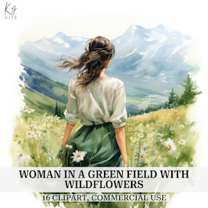 16 Clipart femme dans un champ vert, fille bohème dans un pré, clipart aquarelle imprimable, créations en papier, album, journal, téléchargement numérique