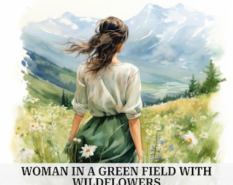 16 Woman in a Green Field Clipart, Boho Girl in  a Meadow, Printable Watercolor Clipart, Paper Craft, Scrapbook, Journal, Digital Download