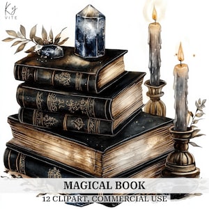 12 Clipart di libri vintage: libri di incantesimi ad acquerello, cristalli (download digitale)