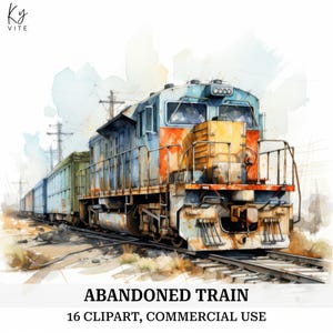 16 imágenes prediseñadas de trenes abandonados, locomotoras antiguas, imágenes prediseñadas de acuarela imprimibles, manualidades de papel, diario de recortes, alta calidad, descarga digital