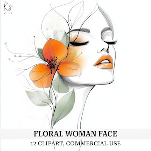 12 Clipart viso donna floreale, donna floreale minimalista, linea arte viso floreale, clipart acquerello stampabile, alta qualità, download digitale