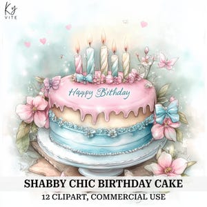 12 Shabby Chic Geburtstagskuchen Clipart, Pastell Geburtstagskuchen, druckbare Aquarell Clipart, Papiermodelle, Scrapbook, Journal, digitaler Download