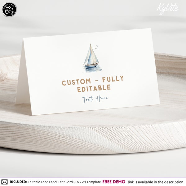 Editable Nautical Blue Sailboat Food Tent Folded/Tilt Card, Marine Theme Food Label Template, 1st Birthday, Sailing into One Theme, NT4