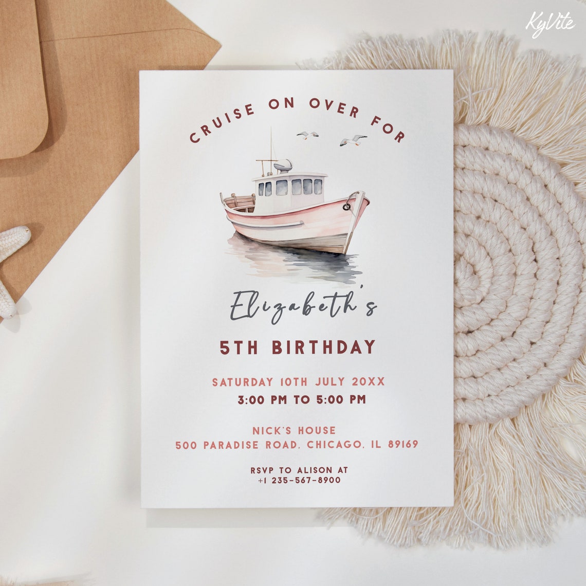 Editable Pink Boat Birthday Invite, Any Age Marine Invitation Template