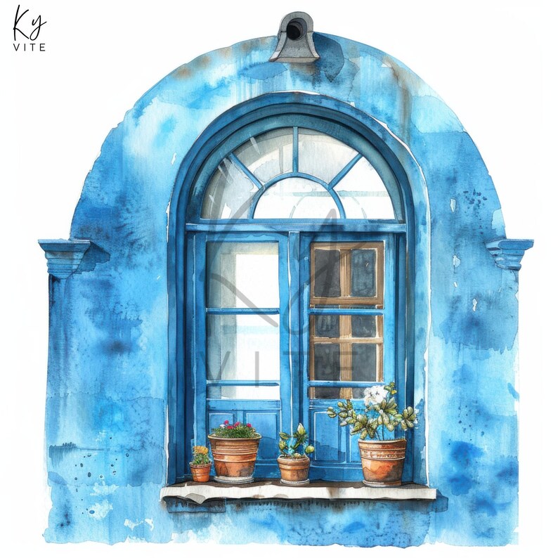 13 Greek Island Santorini Clipart, Blue Window, Printable Watercolor