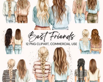 Beste Freunde Aquarell Clipart: Mädchen, Rückansicht (digitaler Download)