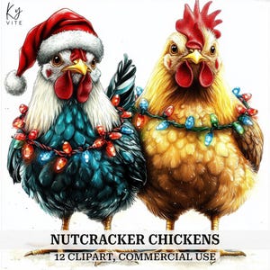 12 lustige Weihnachten Huhn Clipart, Nussknacker Hühner, Handwerk Aquarell Clipart, Kartenherstellung, hohe Qualität, digitaler Download