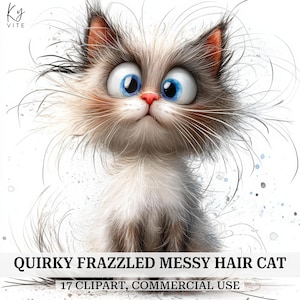 17 Clipart de chat cheveux énervés, drôles de chats, clipart aquarelle imprimable, créations en papier, albums de coupures, journaux, haute qualité, téléchargement numérique