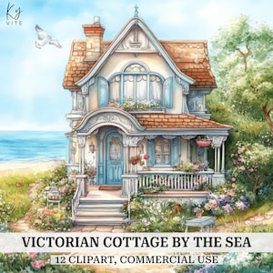 12 cottage victorien fantaisiste au bord de la mer Clipart, maison de plage, clipart aquarelle imprimable, créations en papier, scrapbooking, téléchargement numérique, CU