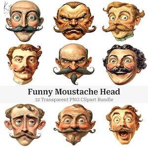 32 Lustiger Mann mit Schnurrbart Kopf Clipart, schrulliger Schnurrbart Mann, Vintage transparentes PNG-Bundle, Fussy Schnitt PNG, Papierkunst Collage druckbar, Cu