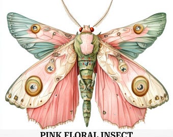 20 Moth Clipart, Pink Floral Insect, Fantasy Moths, Whimsical, High Quality, Printable Watercolor Clipart, Digital Download, Paper Craft